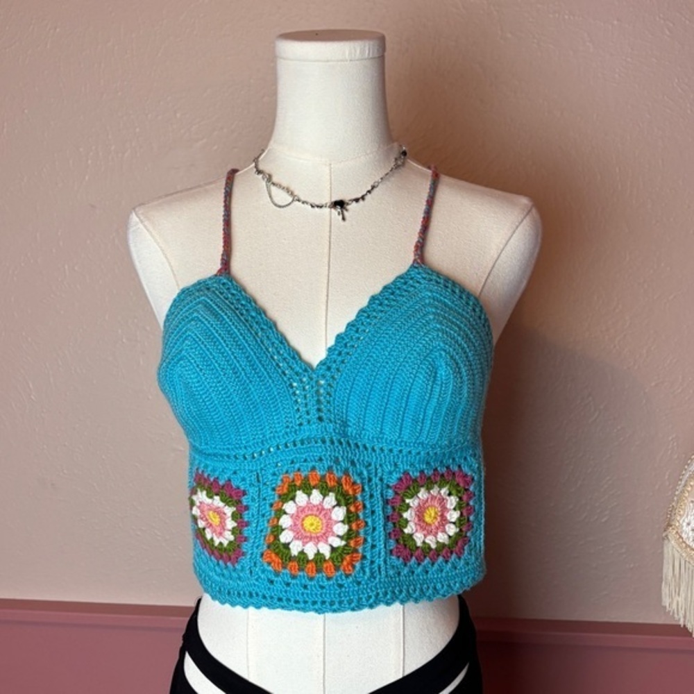 handmade fairy cottage festival knit halter top rave hippie boho blue floral